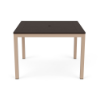 A 42-inch square commercial outdoor dining table featuring a rich dark brown Northeastern Walnut wood-grain panel-style Marine Grade Polymer (MGP) top with a center umbrella hole, mounted on a Textured Antique Beige powder-coated aluminum frame with four straight square legs.