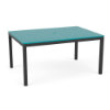 A 42" x 60" rectangular commercial outdoor dining table featuring a vibrant teal (Aruba) panel-style Marine Grade Polymer (MGP) top with a central umbrella hole, supported by a Starlight Black powder-coated aluminum frame with four straight square legs.