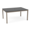 A 42" x 60" rectangular commercial outdoor dining table featuring a dark slate grey panel-style Marine Grade Polymer (MGP) top with a central umbrella hole, set on a taupe powder-coated aluminum frame with four straight square legs and black feet glides.