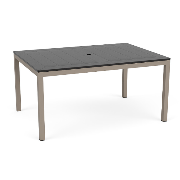 A 42" x 60" rectangular commercial outdoor dining table featuring a dark slate grey panel-style Marine Grade Polymer (MGP) top with a central umbrella hole, set on a taupe powder-coated aluminum frame with four straight square legs and black feet glides.