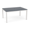 A 42" x 60" rectangular commercial outdoor dining table featuring a navy blue panel-style Marine Grade Polymer (MGP) top with a central umbrella hole, mounted on a Sky White powder-coated aluminum frame with four straight square legs.