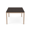 A head-on view of a 42" x 60" rectangular commercial outdoor dining table with a rich dark brown Northeastern Walnut wood-grain panel-style Marine Grade Polymer (MGP) top, featuring a central umbrella hole, supported by a Textured Antique Beige powder-coated aluminum frame.