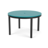 A 48-inch round commercial outdoor dining table featuring a vibrant teal (Aruba) slatted Marine Grade Polymer (MGP) top with a center umbrella hole, supported by a Starlight Black powder-coated aluminum frame with four straight square legs.