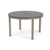 A 48-inch round commercial outdoor dining table featuring a dark brown Northeastern Walnut wood-grain slatted Marine Grade Polymer (MGP) top with a center umbrella hole, supported by a Textured Antique Beige powder-coated aluminum frame with four straight square legs.