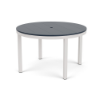 A 48-inch round commercial outdoor dining table featuring a dark navy blue slatted Marine Grade Polymer (MGP) top with a center umbrella hole, supported by a Sky White powder-coated aluminum frame with four straight square legs.