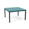 A 48-inch square commercial outdoor dining table featuring a vibrant teal (Aruba) panel-style Marine Grade Polymer (MGP) top with a center umbrella hole, mounted on a Starlight Black powder-coated aluminum frame with four straight square legs.