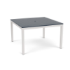 A 48-inch square commercial outdoor dining table featuring a dark navy blue panel-style Marine Grade Polymer (MGP) top with a center umbrella hole, mounted on a Sky White powder-coated aluminum frame with four straight square legs.
