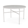 A 42-inch round commercial outdoor dining table with a textured clear acrylic top featuring a center umbrella hole, supported by a Sky White powder-coated aluminum frame with tubular straight legs, cross-bracing, and black foot glides.
