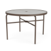 A 42-inch round commercial outdoor dining table with a textured clear acrylic top featuring a center umbrella hole, supported by a dark brown Textured Espresso powder-coated aluminum frame with tubular straight legs, cross-bracing, and black foot glides.