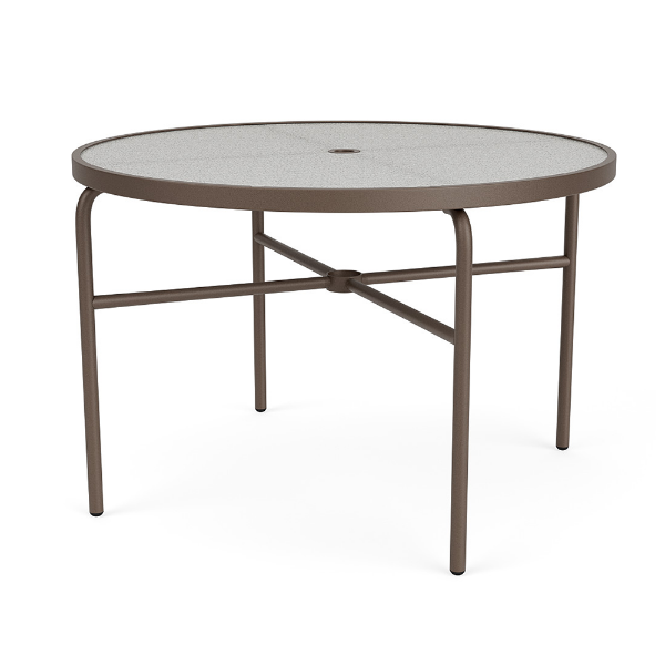 A 42-inch round commercial outdoor dining table with a textured clear acrylic top featuring a center umbrella hole, supported by a dark brown Textured Espresso powder-coated aluminum frame with tubular straight legs, cross-bracing, and black foot glides.