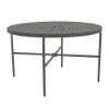 A 48-inch round commercial outdoor dining table in Slate Grey, featuring a perforated "Cube" pattern tabletop with an umbrella hole, supported by tubular straight aluminum legs and a lower cross-brace center support.
