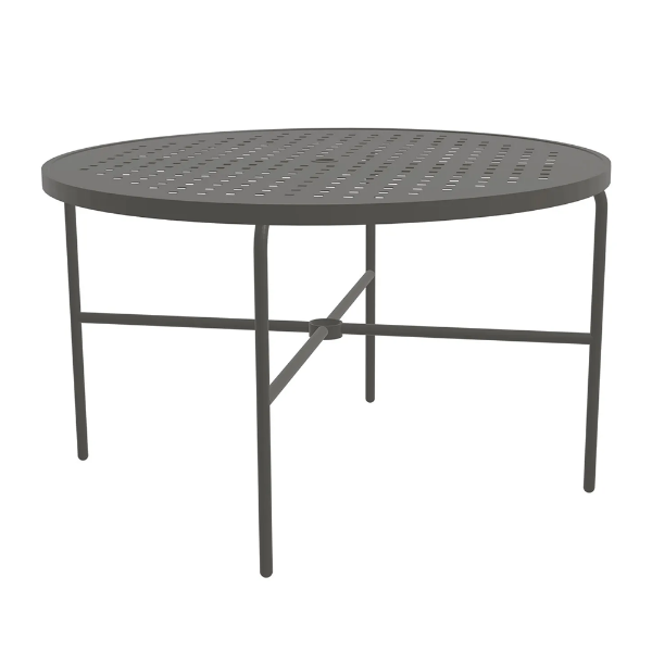 A 48-inch round commercial outdoor dining table in Slate Grey, featuring a perforated "Cube" pattern tabletop with an umbrella hole, supported by tubular straight aluminum legs and a lower cross-brace center support.