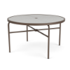 A 48-inch round commercial outdoor dining table with a textured dark brown espresso aluminum frame, four straight legs, cross-bracing, an umbrella hole, and an acrylic top.