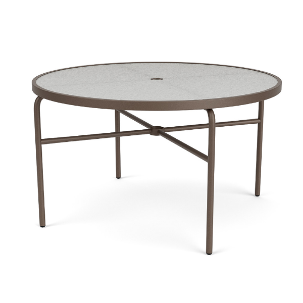 A 48-inch round commercial outdoor dining table with a textured dark brown espresso aluminum frame, four straight legs, cross-bracing, an umbrella hole, and an acrylic top.
