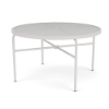 A 48-inch round outdoor commercial dining table with a sky white aluminum frame, straight legs with cross-support, an umbrella hole, and a light grey textured acrylic tabletop.