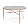 A 48-inch round outdoor dining table featuring an antique beige powder-coated aluminum frame, cross-braced straight legs, a central umbrella hole, and a textured acrylic table surface.