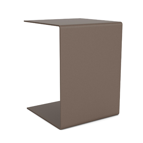 A C-shaped commercial aluminum patio side table with a dark brown Textured Espresso finish and a minimal, contemporary bent-plate structure.
