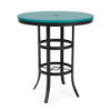 A 36-inch round commercial outdoor bar-height table with a Starlight Black aluminum frame, double ring-braced base, central umbrella hole, and vibrant teal Aruba Marine Grade Polymer (MGP) top.