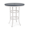 A round outdoor commercial bar-height patio table styled with a Sky White aluminum base, structural circular bracing rings, an umbrella hole, and a Navy blue MGP top.