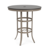 A round commercial outdoor high-top bar table featuring a satin powder-coated aluminum frame, circular footrest and support rings, an umbrella hole, and a dark Amber Grey MGP surface.