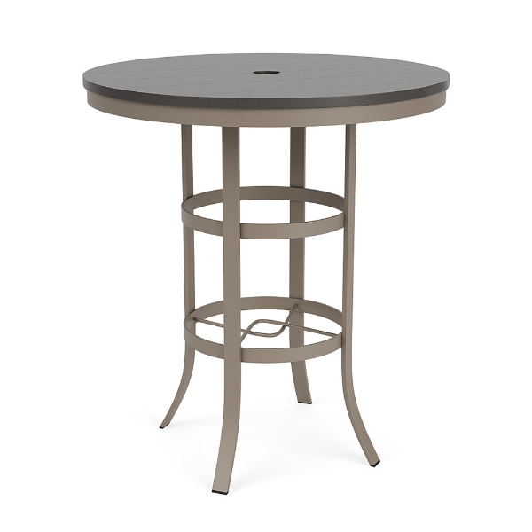 A round commercial outdoor high-top bar table featuring a satin powder-coated aluminum frame, circular footrest and support rings, an umbrella hole, and a dark Amber Grey MGP surface.