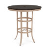 A 36-inch round commercial patio bar table constructed with a Textured Antique Beige aluminum frame, flared lower feet, central umbrella hole, and a rich Northeastern Walnut woodgrain-style MGP top.