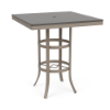 A square commercial high-top outdoor bar table with a satin powder-coated aluminum frame, circular footrest and bracing, an umbrella hole, and an Amber Grey MGP surface.