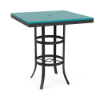 A 36-inch square commercial outdoor bar-height table featuring a Starlight Black aluminum frame with dual support rings, flared legs, a central umbrella hole, and a bright teal Aruba Marine Grade Polymer (MGP) top.