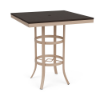 A square bar-height patio table featuring a Textured Antique Beige aluminum frame, circular footrest bracing, an umbrella hole, and a rich Northeastern Walnut wood-look MGP top.