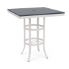 A 36-inch square outdoor bar table designed with a Sky White powder-coated aluminum base, dual circular cross-braces, an umbrella hole, and a Navy blue MGP tabletop.