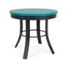 A 20-inch round commercial outdoor side table featuring a Starlight Black aluminum frame with flared four-leg design, a circular support brace, and a teal Aruba Marine Grade Polymer (MGP) top.
