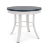 A 20-inch round outdoor side table styled with a Sky White aluminum base, central circular cross-brace, flared feet, and a dark Navy blue MGP top.