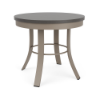 A round commercial patio side table with a powder-coated satin aluminum frame, middle circular ring bracing, gently curved legs, and a dark Amber Grey MGP tabletop.
