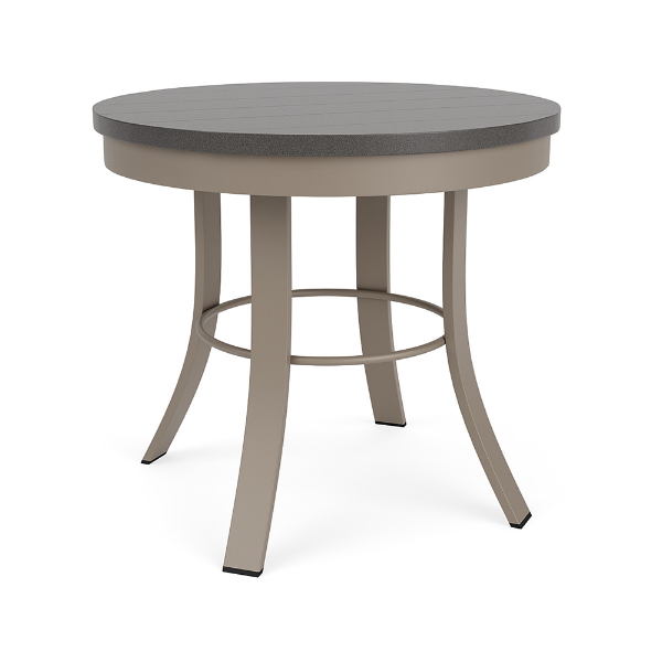 A round commercial patio side table with a powder-coated satin aluminum frame, middle circular ring bracing, gently curved legs, and a dark Amber Grey MGP tabletop.