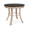 A small round commercial side table constructed with a Textured Antique Beige aluminum base, circular support ring, and a rich Northeastern Walnut woodgrain-style MGP top.