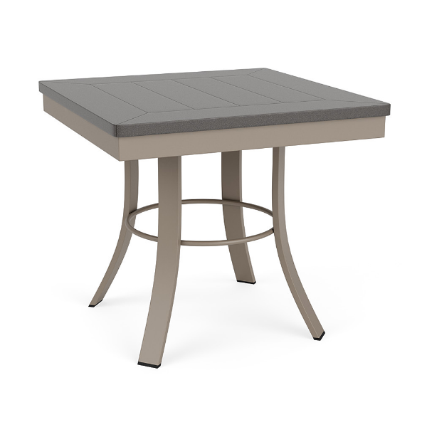 A square commercial outdoor side table featuring a satin taupe-colored aluminum base with flared legs, a circular leg-stabilizing ring, and a smooth Amber Grey MGP top.