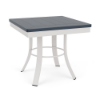 A 20-inch square outdoor side table designed with a crisp Sky White aluminum frame, mid-height circular brace ring, outward-curving legs, and a rich Navy blue MGP top.