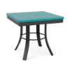 A 20-inch square commercial outdoor side table with a Starlight Black powder-coated aluminum base, curved legs with a middle circular support ring, and a bright teal Aruba Marine Grade Polymer (MGP) slat-style top.
