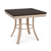 A square commercial patio side table constructed with a Textured Antique Beige aluminum base, circular leg brace, and a dark Northeastern Walnut wood-look MGP top.