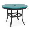 A 36-inch round commercial outdoor dining table featuring a Starlight Black aluminum frame with cross-braced leg support, flared legs, a central umbrella hole, and a teal Aruba Marine Grade Polymer (MGP) top.