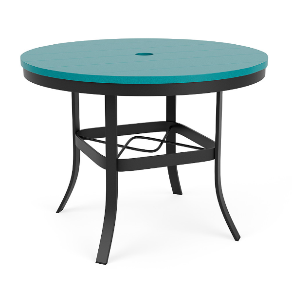A 36-inch round commercial outdoor dining table featuring a Starlight Black aluminum frame with cross-braced leg support, flared legs, a central umbrella hole, and a teal Aruba Marine Grade Polymer (MGP) top.