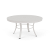 A 36-inch round commercial outdoor coffee table with a Sky White powder-coated aluminum base, circular leg bracing, flared legs, and a smooth solid tabletop with an umbrella hole.