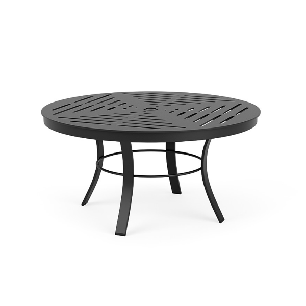 A round outdoor commercial coffee table featuring a Starlight Black aluminum base, middle circular ring support, and a slotted aluminum table top pattern with an umbrella opening.