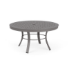 A 36-inch round aluminum outdoor coffee table in Titanium Gray, complete with a circular leg support ring and a perforated cube-pattern tabletop featuring a center umbrella hole.