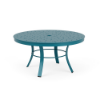 A round commercial-grade outdoor coffee table featuring a bright Mayan Teal powder-coated aluminum base, curved legs with circular bracing, and a perforated bubble-patterned top with an umbrella hole.