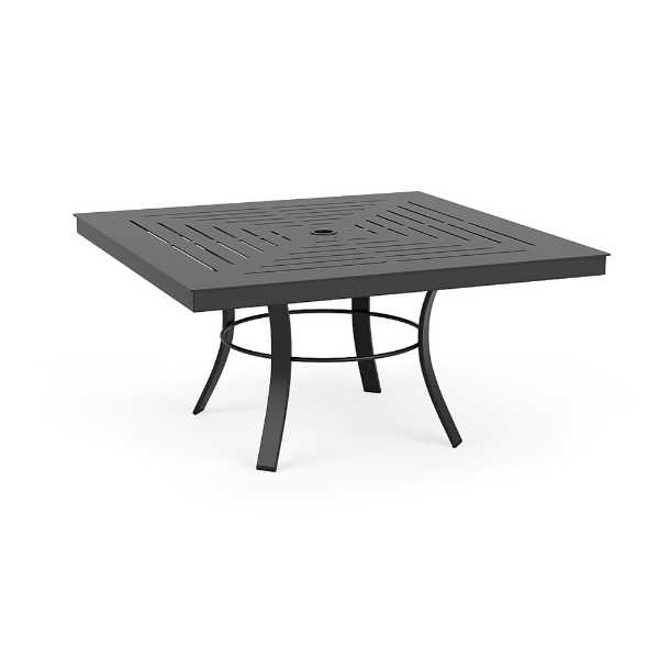 A square commercial outdoor coffee table with a Starlight Black powder-coated aluminum base, flared legs connected by a circular cross-brace ring, and a slat-style square tabletop featuring a center umbrella hole.