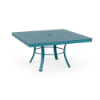 A 36-inch square commercial coffee table featuring a Mayan Teal aluminum base, circular leg support bracing, and a perforated bubble-patterned square top with an umbrella opening.