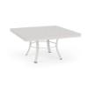 A square commercial outdoor coffee table constructed with a Sky White powder-coated aluminum frame, mid-height circular leg bracing, and a smooth solid square tabletop