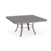 A 36-inch square commercial patio coffee table designed with a Titanium Gray powder-coated aluminum base, circular stability bracing, and a grid-perforated cube tabletop with a central umbrella hole.