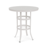 A tall, round commercial outdoor bar table constructed with a Sky White powder-coated aluminum base, double circular support rings, and a smooth solid tabletop featuring an umbrella opening.